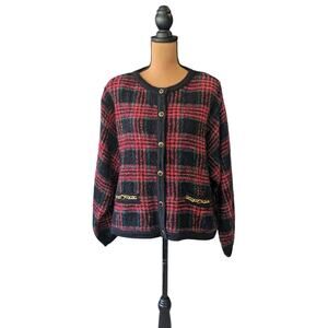 VTG Wool Blend Sweater Womens XL Tartan Plaid Boxy Button Up Gold Northern Isles